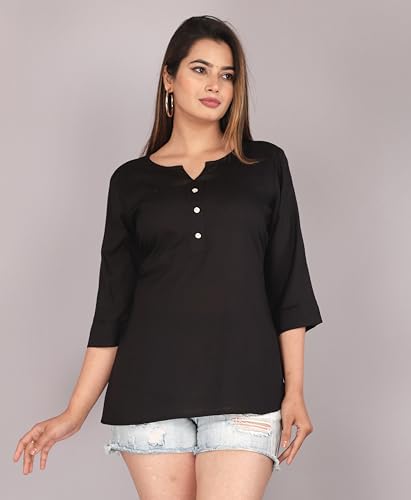 Image of Himanshi enterprises Women's Traditional Casual 3 /4 Sleeves Mandarin Nack Rayon Solid Short Kurti