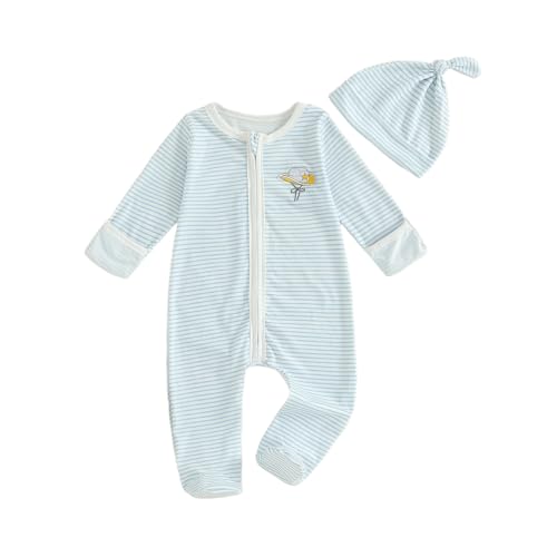 Image of XRTBMN Infant Boy Western Footie Rompers Newborn Baby Coming Home Outfit Fall Clothes Long Sleeve Striped Jumpsuit with Hat