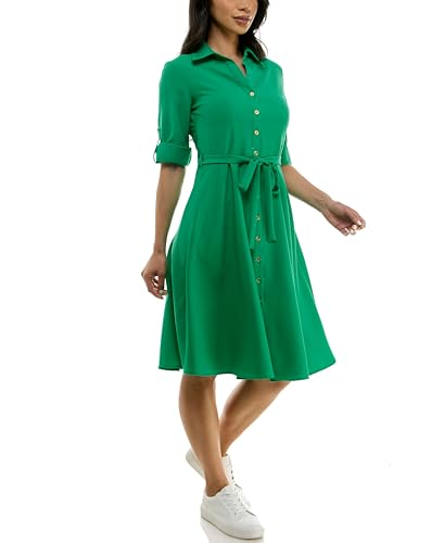 Image of Sharagano Women's Pleated Shirt Dress - 3 /4 Sleeve, V-Neck, Gold Buttons