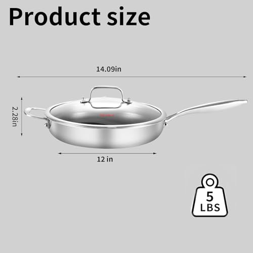DELARLO Tri-Ply Stainless Steel 12 Inch Frying Pan With Lid, kitchen skillet Oven safe induction,pots and pans set(Detachable Handle)