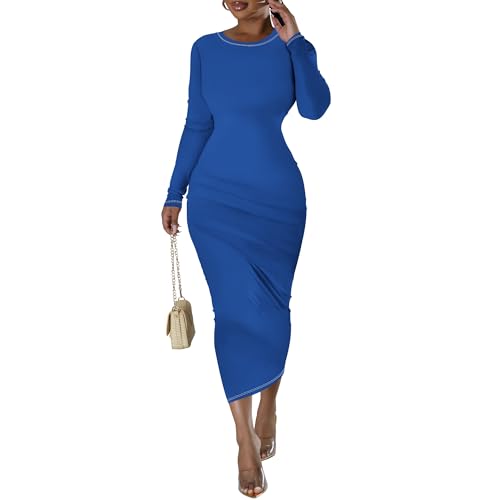 Long Sleeve Dress for Women Fashion Round Neck Elastic Wrap Bodycon Going Out Casual Elegant Party Maxi Dresses