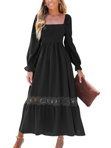 CUPSHE Damen Kleid Spitze Langarm Gesmokt Freizeitkleider Quadratischer Hals Herbst Rüschen Lässig Elegant Maxi Dress Schwarz L