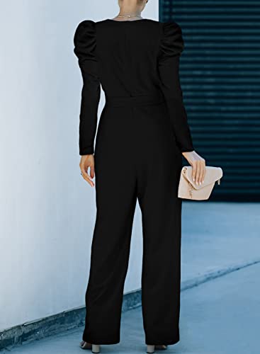 Blencot Women Long Sleeve Fashion V Neck Jumpsuits Belted Wide Leg Formal Rompers Jumpsuits Black Xx-Large #TOP2