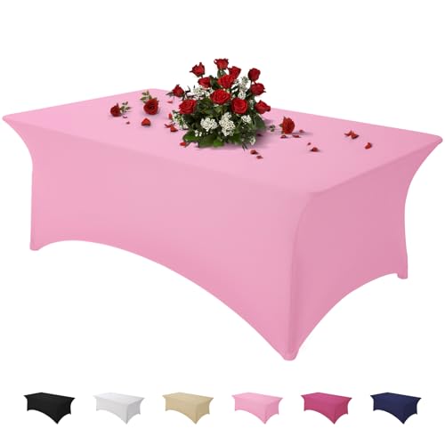 Famstar Table Cloth Pink 4FT Spandex Tablecloth for Rectangle Fitted Table Cloths Stretch Covers Washable Wrinkle Free Tablecloths for Festival Camping Picnic Wedding Party