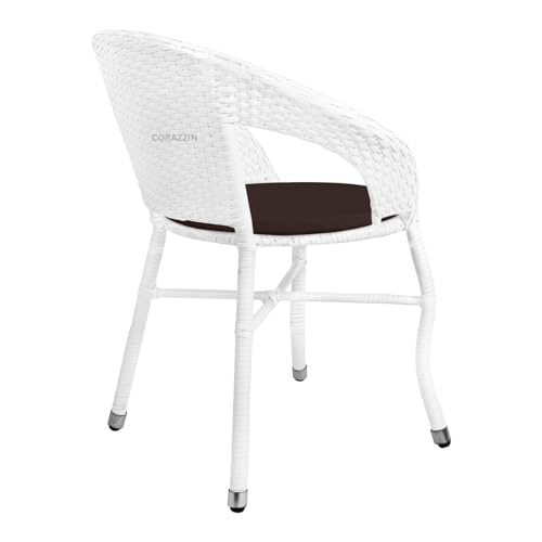 Image of Rattan Wicker Garden Patio Seating Chair and Table Set for Outdoor Balcony Garden Coffee Table Set Furniture with 1 Table and 4 Chairs with Brown Cushion (White)