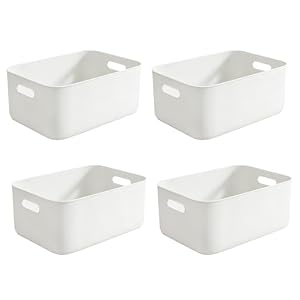 収納ボックス 小物入れ ポリプロピレンケース 収納カゴ 白 収納バスケット 取っ手付き 収納かご 雑貨整理 卓上収納ケース 積み重ね可能 クローゼット/洗面所/デスク上 整理整頓 4個セット（Lサイズ）