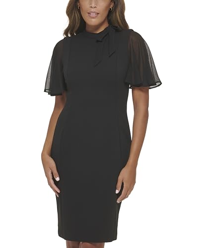 Image of Calvin Klein Women's Short Chiffon Flutter Sleeve Tie Neck Crepe Mini Sheath Dress