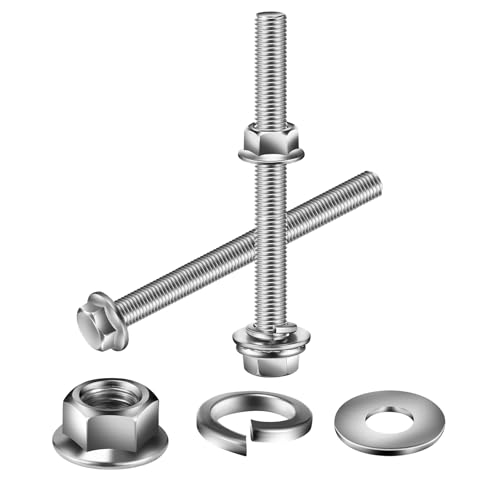 M10 x 45mm Flanged Hex Head Bolts, Nuts, Flat &amp; Lock Washers, 20Pcs 18-8 (304) Stainless Steel, Fully Threaded, by SG TZH