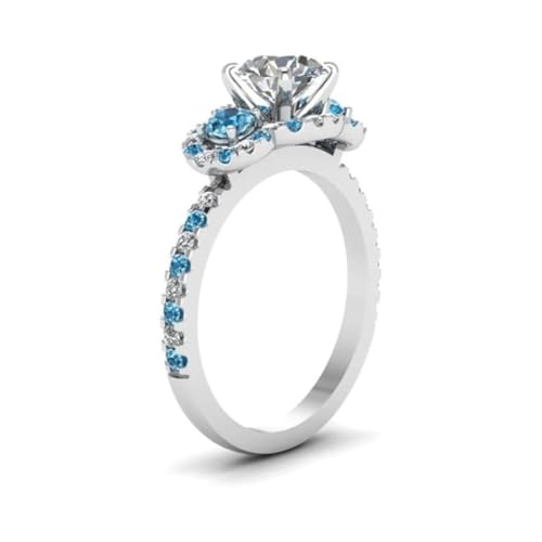 Image of 55Carat Choose Your Gemstone Delicate 3 Stone Halo Diamond CZ Ring Sterling Silver Round Shape Halo Engagement Rings Everyday Jewelry Wedding Jewelry Handmade Gifts for Wife US Size 4 to 12