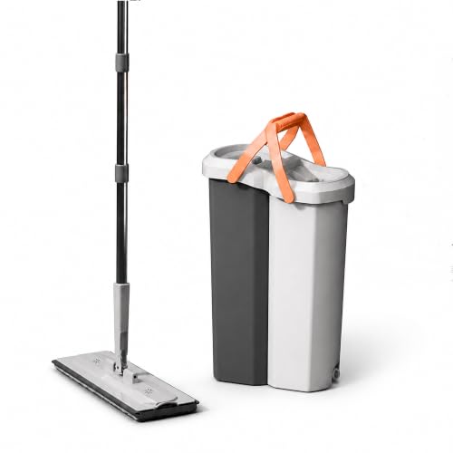 Image of BonKaso Twin Bucket Flat Mop Set, Hands-Free Microfiber Floor Cleaning Mop & Pocha with 100% Water Separation, Self-Cleaning Scraper, Reusable Pads for Floor, Wall & Window (Carbon Grey & Light Grey)