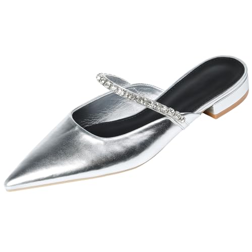 Optigard Women's Leather Pointed Toe Slingback Flats with Rhinestone Strap Slip On Low Heel Casual Work Shoes Dress Shoes