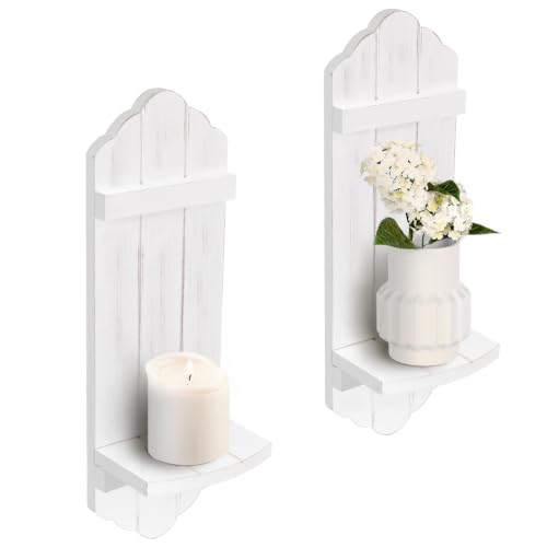 Wall Candle Sconces Set of Two, Rustic White Wood Wall Candle Holder Decor, Farmhouse Wooden Candle Holder Decorations for Fireplace, Hallway, Living Room, Bedroom