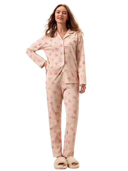 Women's Nightsuit, Peach Long Sleeve Top with 'Sleep' Print and Polka Dot Pyjama Set-picture-26
