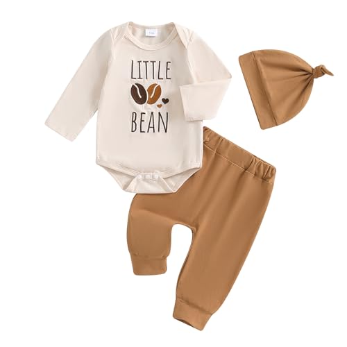 Image of Amnnchya Newborn Baby Boy Girl Clothes Cute Little Dude and Bean Romper Pants Set Infant Fall Winter Coming Home Outfits (Khaki, Newborn)
