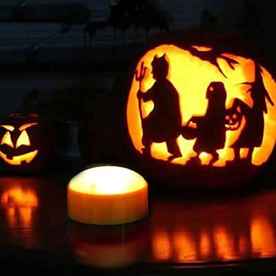 Image of 3 Halloween Battery LED Jack-O-Lantern Pumpkin Lights with Remote Orange | CANDLE CHOICE Battery Operated Flameless Candles with Remote and Timer for Halloween Pumpkin Decoration Orange Color 3 Pack