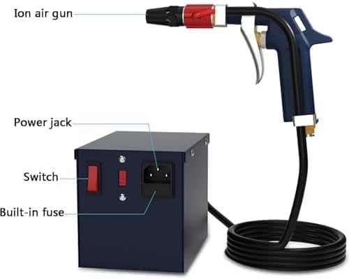 Pistola ad aria ionizzante per il controllo dellelettricità statica con generatore ad alta tensione e silenziatore. Efficace per la rimozione dellelettricità statica nei dispositivi elettronici.