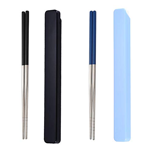 Portable Chopsticks SUS304 Stainless Steel Chopsticks with Case for School,Camping,Travel, Bento Box, 9 Inches in length, Alternative to Wooden (Black+Blue)