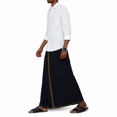 Image of Pure Cotton Dhoti for Men (1.28 x 1.87 m) | Solid Panchalu with Varied Small Color Border | Kerala Cotton Veshti, Khadi Dhoti | Lightweight Pooja & Temple Wear