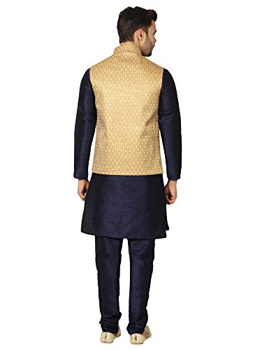 Image of Uri and MacKenzie Men's Silk Blend Regular Kurta Churidar Pyjama with Bundi Nehru Jacket /Waistcoat