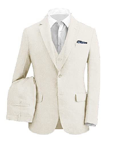 Mens Retro Beige Linen Suit For Men Casual Beach Wedding Suit Prom Suit Slim Fit 3 Pieces Jacket Blazer Pant Groom Tuxedo-S #TOP4