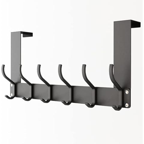 Feilifan Over The Door Hook Hanger, Folding Door Towel Rack with 6 Double-Layer Coat Hooks for Hanging Clothes Towels Coats Backpack Hat Over Door Hanger for Bathroom Bedroom, Black Cover