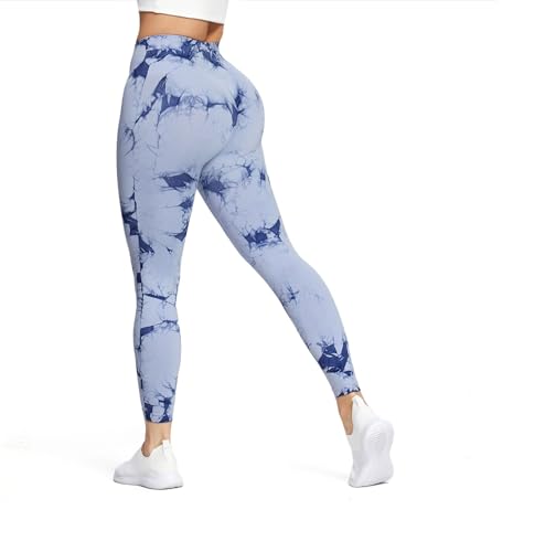 Aoxjox Seamless Scrunch Legging for Women Asset Tummy Control Workout Gym Fitness Sport Active Yoga Pants 22'' (Tie-Dye Light Blue, Small)