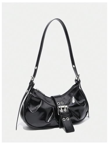 QWINEE Women's Y2K Metal Buckle Shoulder Handbag Magnet Zipper PU Leather Punk Underarm Purses Black One Size3