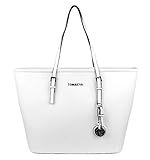  Tom & Eva Damen Tasche - Saffiano Shopper Schultertasche aus Kunstleder, Weiß mit Silver Anhänger