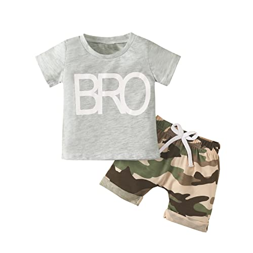 Cutemini Baby Jungen Spleißen Kurze Hosen Set Kurzarm T-Shirt mit Buchstabendruck + Farbabstimmung Passende Shorts Elastischer Taille Baby Sommer 2pcs Outfits (18-24 Monate, Grey Bro) Cover