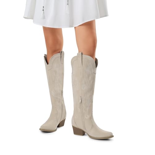 DREAM PAIRS Womens Cowboy Knee High Boots Comfortable Pull On Side Zipper Chunky Heel Embroidered Western Cowgirl Boots Retro Tall Boot,Size 8,Beige,DWUMKB2501
