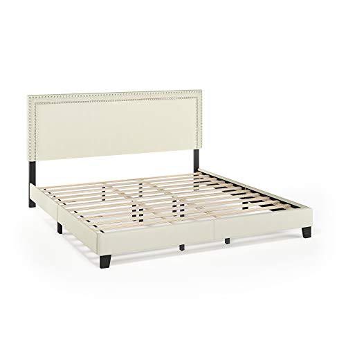 Furinno Laval Double Row Nail Head Upholstered Platform Bed Frame, King, Linen #TOP2