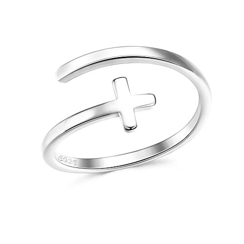 Musecloud 925 Sterling Silver Cross Ring For Women Dainty Open Christian Ring Birthday Christmas Religious Jewelry Gift Simple Cz Sideways Cross Adjustable Ring (Silver, Adjustable) #TOP8