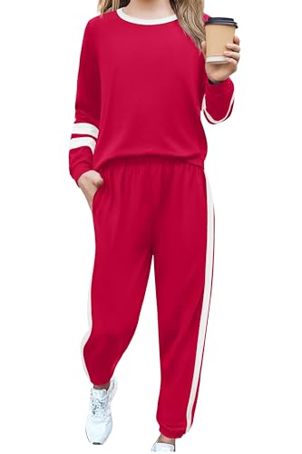 Zaclotre Girls' Clothing Sets Long Sleeve Crew Neck Sweatshirts and Pants with Pockets Kids Fall Fashion Outfits Red 11-12Y