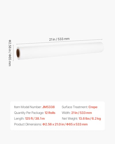 VEVOR Ärztekrepp, 533 mm x 38,1 m, Liegenabdeckung (12er-Pack), Einweg Liegenrolle, Ärzterolle ideal für Spas, Kindertagesstätten, Ärzte, Chiropraktiker, Untersuchungs- & Massagetische, weiß