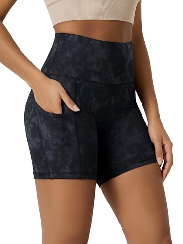 ODODOS 5" Tummy Control Biker Shorts for Women with Pockets High Waist Athletic Workout Yoga Shorts, Tie Dye Smoke Ink, Small