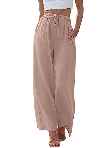 Image of LILLUSORY Women's Linen Summer Palazzo Pants Flowy Wide Leg Beach Pants with Pockets