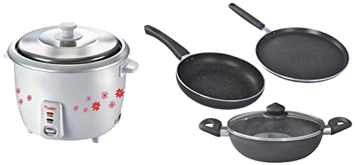 Prestige PRWO 1.8-2 700-Watts Delight Electric Rice Cooker with 2 Aluminium Cooking Pans + Prestige Omega Deluxe Granite 3 Pcs with 1 Glass Lid