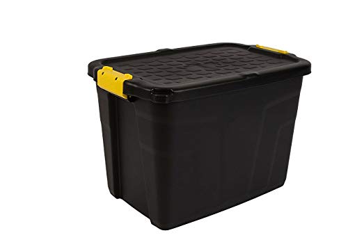 Strata Pack of 3 Heavy Duty Storage Boxes Secure Stackable Case - 60 Litres - 60 x 40 x 40 cm - Resistant to 630 kg - Black/Yellow