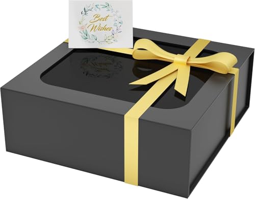 Geschenkbox mit Sichtfenster, 19x19x7,6 cm Geschenkboxen für Presents with Lids Magnetic Closure Rectangle Collapsible for Groomsman Proposal Box, Christmas, Halloween (Schwarz)