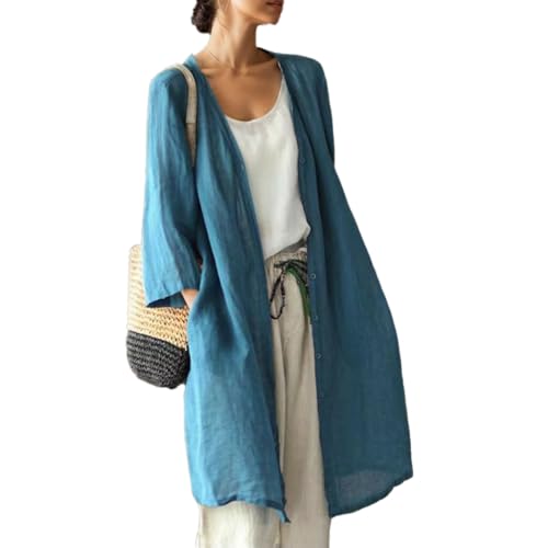 Women's Linen Artistic Cardigan 2025 Casual Plus Size Jacket with Pockets Chinese Style Long Trench Coat Outwears