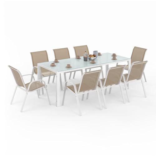 IDMarket - Salon de Jardin Madrid Table 190 cm et 8 chaises empilables Blanc et Beige