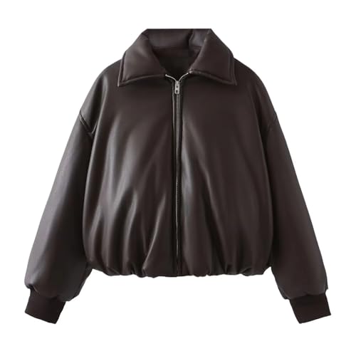 Women's Retro Lapel Zipper Spliced ​​Leather Jacket Large Long Sleeve Double Pocket Jacket Street Jacket