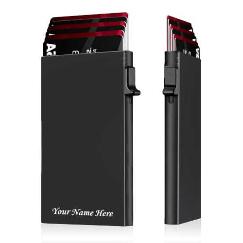 Image of MINI2BUY Slim Aluminum Customized Your Name Card Holder Wallet for Men Women RFID Blocking Minimalist Durable Metal Pop Up Wallet Pocket for Cash, Credit, Debit, ATM Cards (Push-Black)