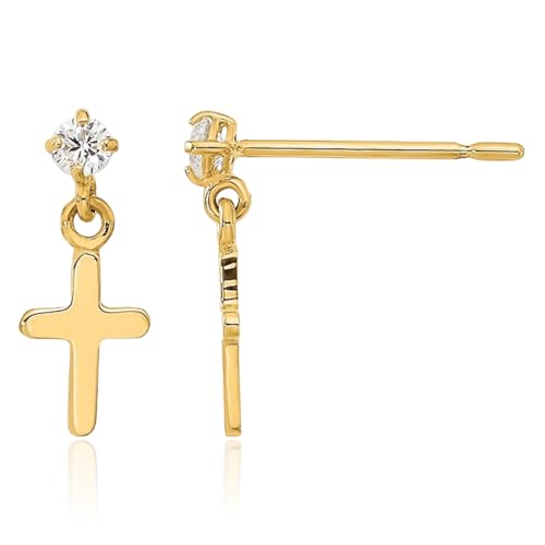 14K Solid Yellow Gold Cubic Zirconia CZ Holy Cross Post Drop Dangle Christian Religious Earrings