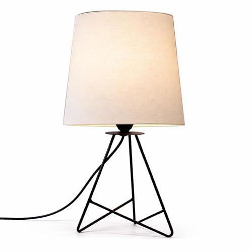 Image of Modern Black Tripod Table Lamp with Taper Fabric Shade | Metal Base Bedside Lamp for Bedroom, Living Room, Study, Office & Nightstand | Decorative Table Light (White)
