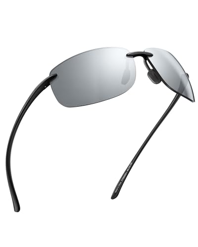 JIM HALO Gafas de Sol Deportivas Polarizadas para Hombres y Mujeres TR90 Marco Sin Montura para Correr, Pescar, Andar en Bicicleta, Patillas Plateadas Lentes Grises