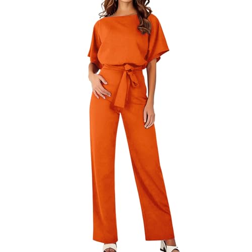 HOOUDO Ladies Jumpsuits Petite Summer Short Sleeve Playsuits Ladies Plain Casual Wide Leg Pant Belted Romper Formal Wedding Overalls Baggy One Piece Outfits Dungarees My Orders Orange - Image 6