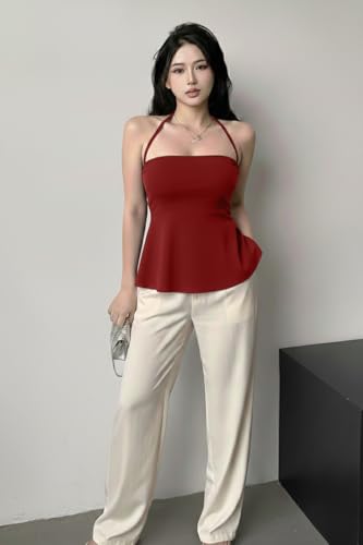 Image of TIVANTE Women's Halter Neck Peplum Top, Sleeveless Backless Fitted Top