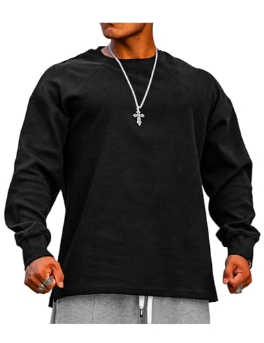 Herren Loose Fit Waffel Langarm Sweatshirts Klassischer Rundhalspullover Color Schwarz Size XL Herren Loose Fit Waffel Langarm Sweatshirts Klassischer Rundhalspullover Color Schwarz Size XL