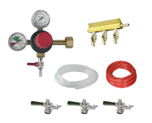 FSE 373-KR-BEERKIT3 Draft Beer Kit, 3-Faucet CO2 Beer Kit for Direct Draw Cooler, Primary CO2 Regulator, Includes 3-Way Manifold, Red Vinyl Air Line, Accuflex Tubing, and (3) Sankey D Keg Taps